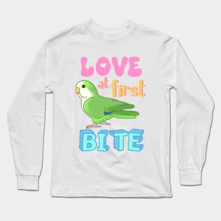 Love at first bite Green Quaker Funny Birb merch Parrot Kawaii Long Sleeve T-Shirt